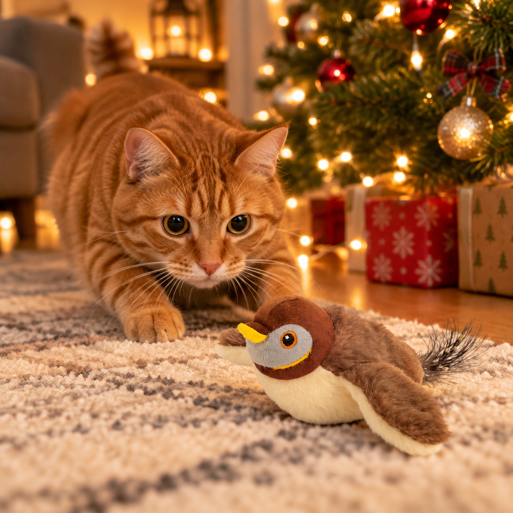 Cat playing with the Chirpy Bird under the tree