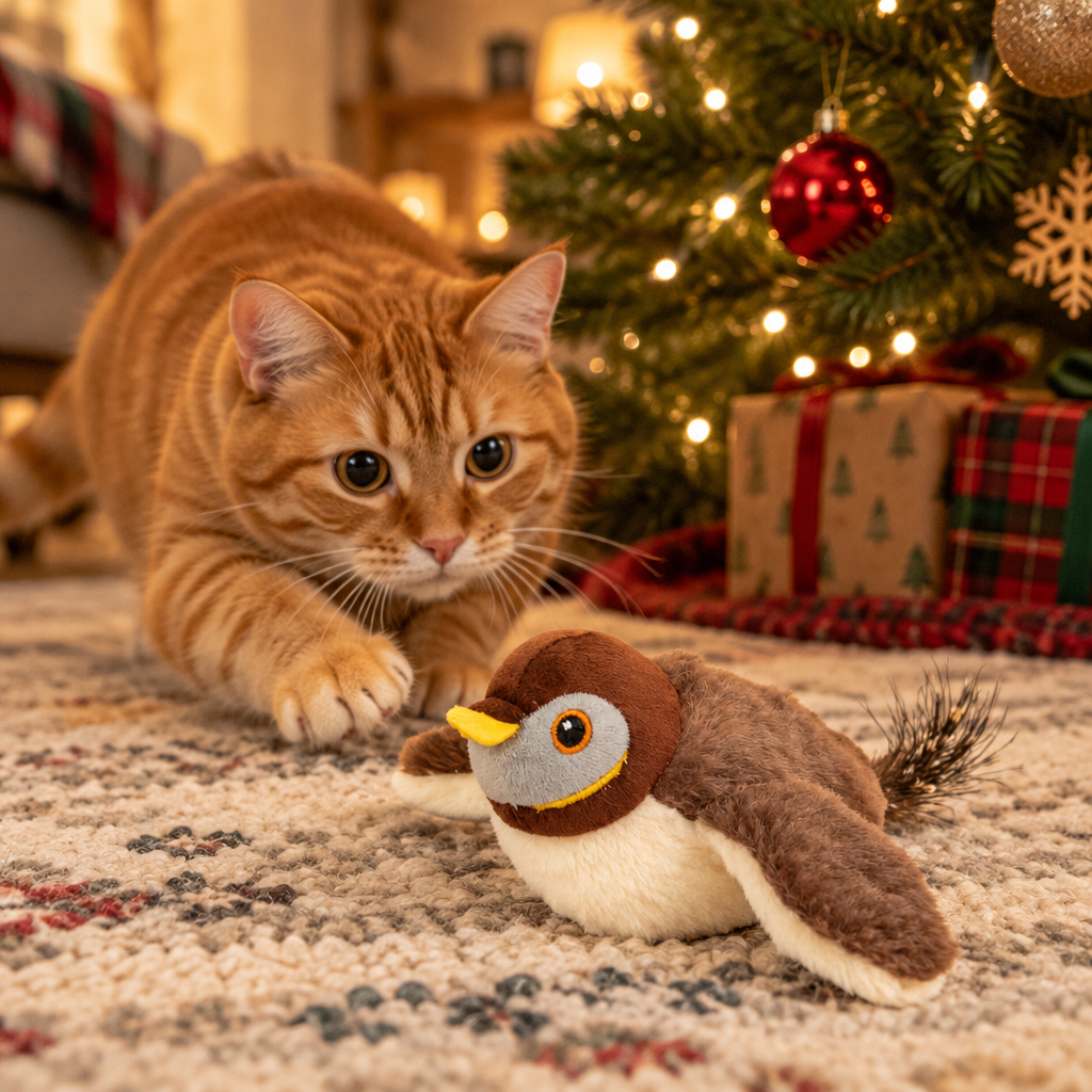 Tabby cat pouncing on the Chirpy Bird by the Christmas tree