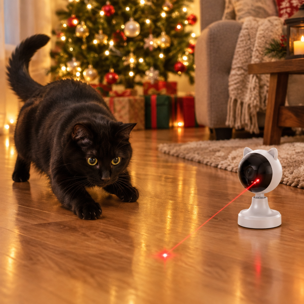 Black cat chasing the laser dot
