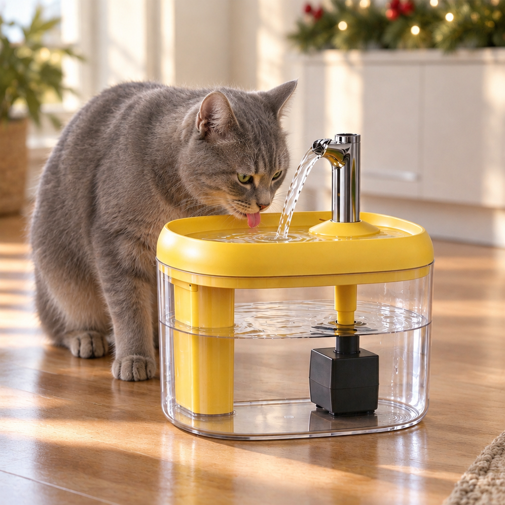 Gray cat drinking from the Fresh Flow Cat Fountain