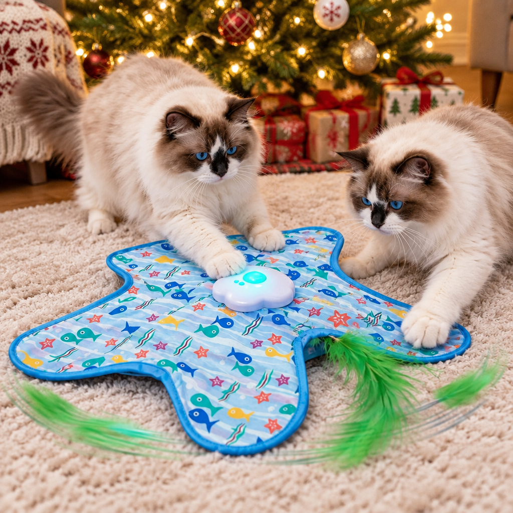 Cats pawing at the feather wand under the tree