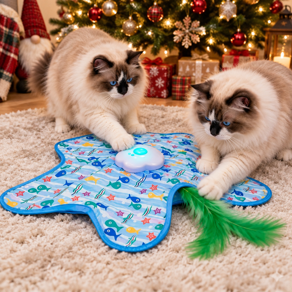 Two cats playing with the Hide & Seek Feather Mat