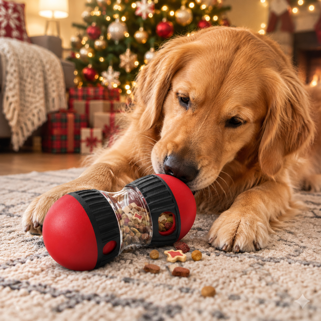 Dog nosing the treat ball across the rug