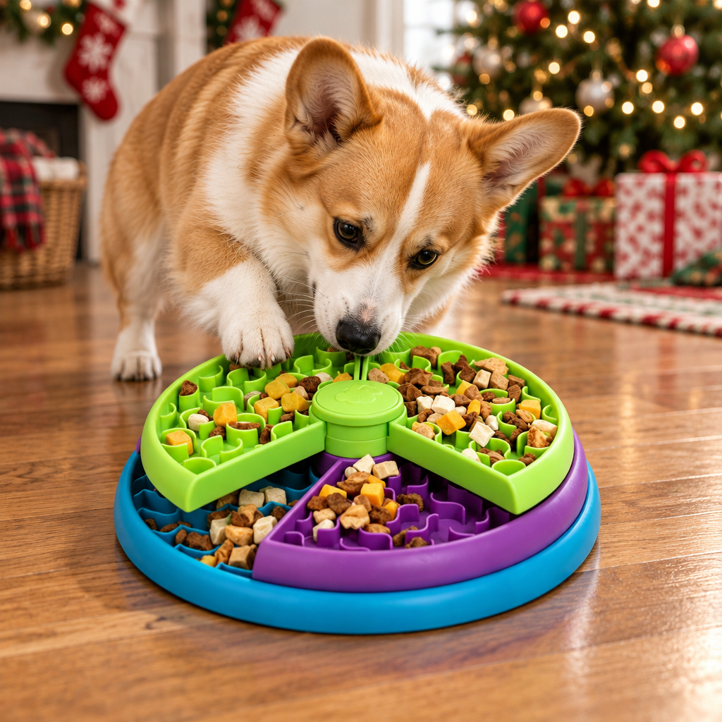 Dog working the puzzle feeder layers