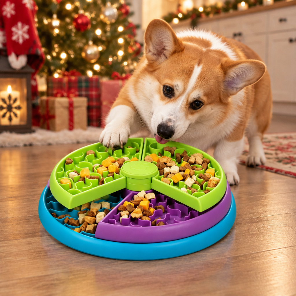 Corgi using the 3-in-1 Puzzle Feeder