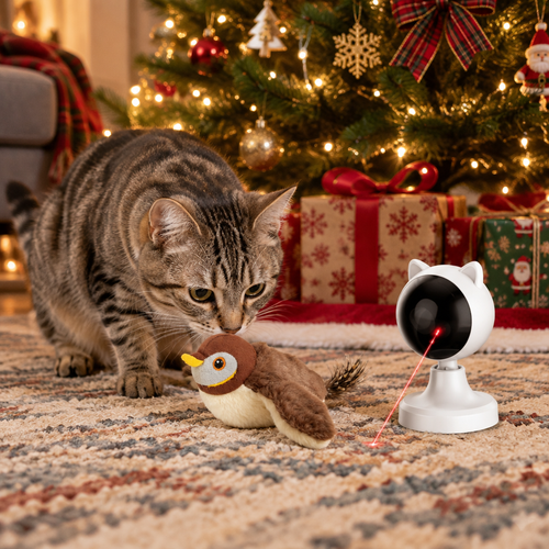 Tabby cat with the Cat Stocking Box toys under the tree