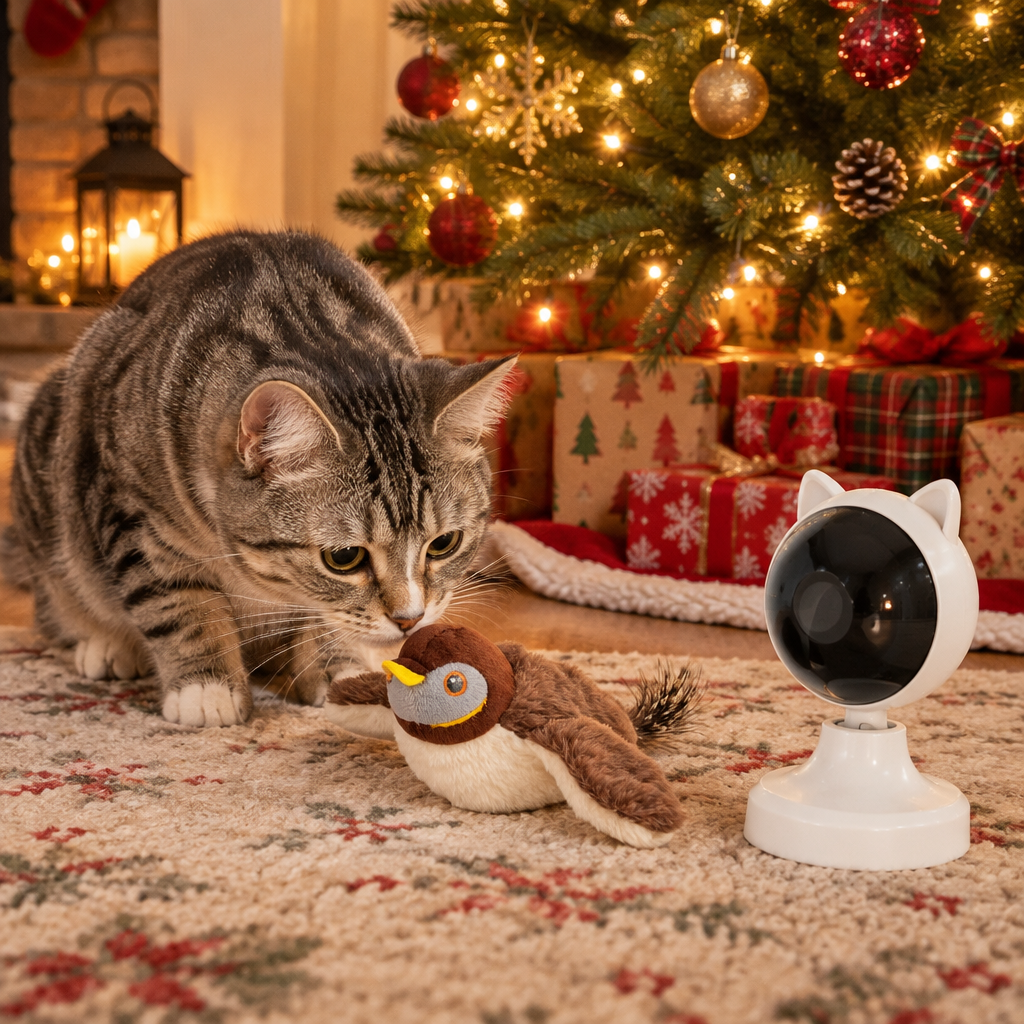 Cat discovering its holiday toys