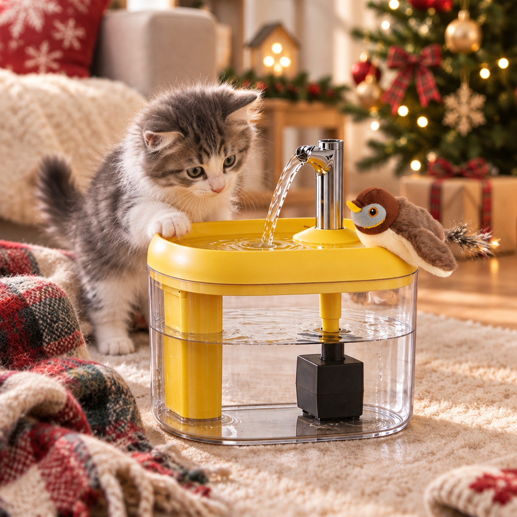 Kitten with its new fountain and toy